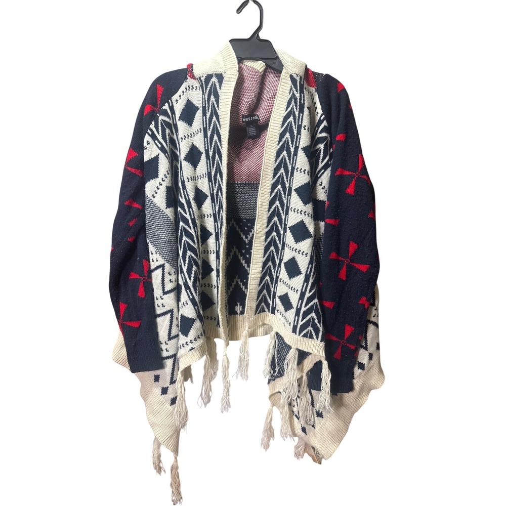 Wet Seal Y2K Tribal Aztec Western Outdoor Open Poncho Cardigan Fringe Boho Sz XL